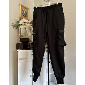 Black Jogger Pants Size M Flight Woven Elastic And Tie Waist Pockets Oversized